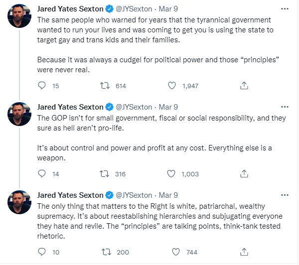 Screenshot of three tweets by Jared Yates Sexton