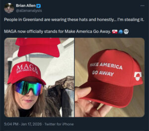 Screenshot of a tweet with the new Scandinavian definition of MAGA: "Make America Go Away"