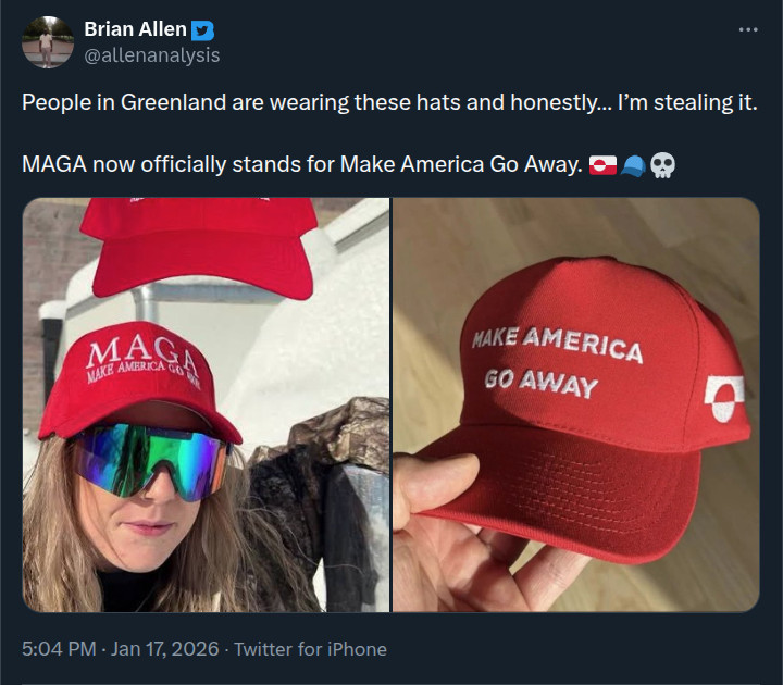 Screenshot of a tweet with the new Scandinavian definition of MAGA: "Make America Go Away"