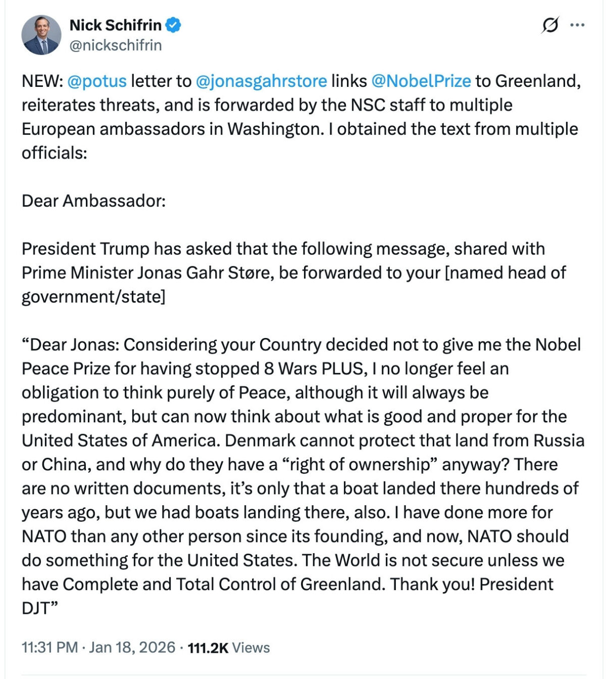 Text of Donald Trump's letter to the Norwegian PM: "Considering your Country decided not to give me the Nobel Peace Prize for having stopped 8 Wars PLUS, I no longer feel an obligations to think purely of Peace, although it will always be predominant, but can not thing about what is good and proper for the United States of America. Denmark cannot protect that land from Russia or China, and why do they have a 'right of ownership' anyway? There are no written documents, it's only that a boat landed there hundreds of years ago, but we had boats landing there, also. I have done more for NATO than any other person since its founding, and now, NATO should do something for the United States. The World is not secure unless we have Complete and Total Control of Greenland. Thank you! President DJT"