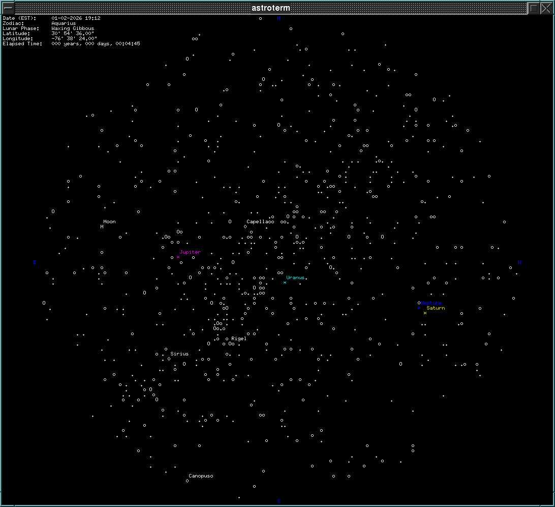 Screenshot of Astroterm, showing the night sky as it stands about when I wrote this. The stars are dense from roughly southwest to north east, which is where the Milky Way would be.