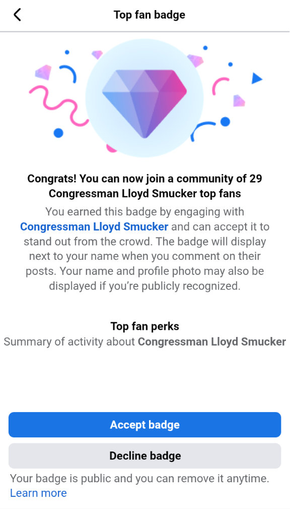 Facebook screenshot. "Congrats! You can now join a community of 29 Congressman Lloyd Smucker top fans."