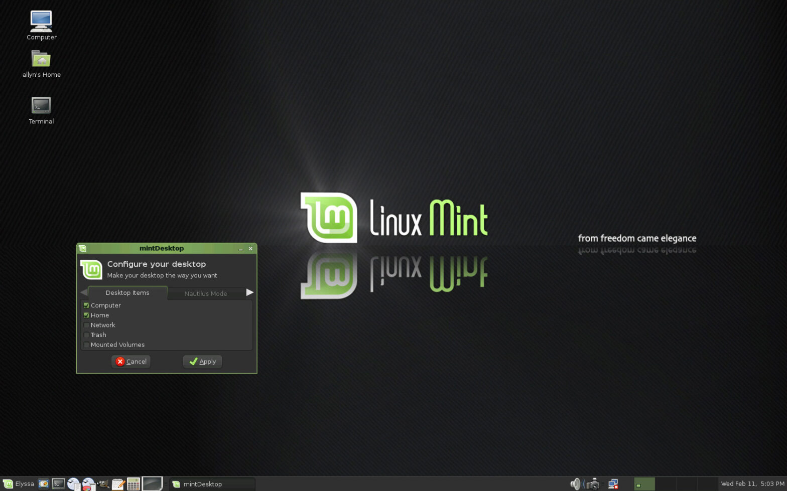 Screenshot of Linux Mint 5, running in a Virtual Machine in 2026, with the mintDesktop application open