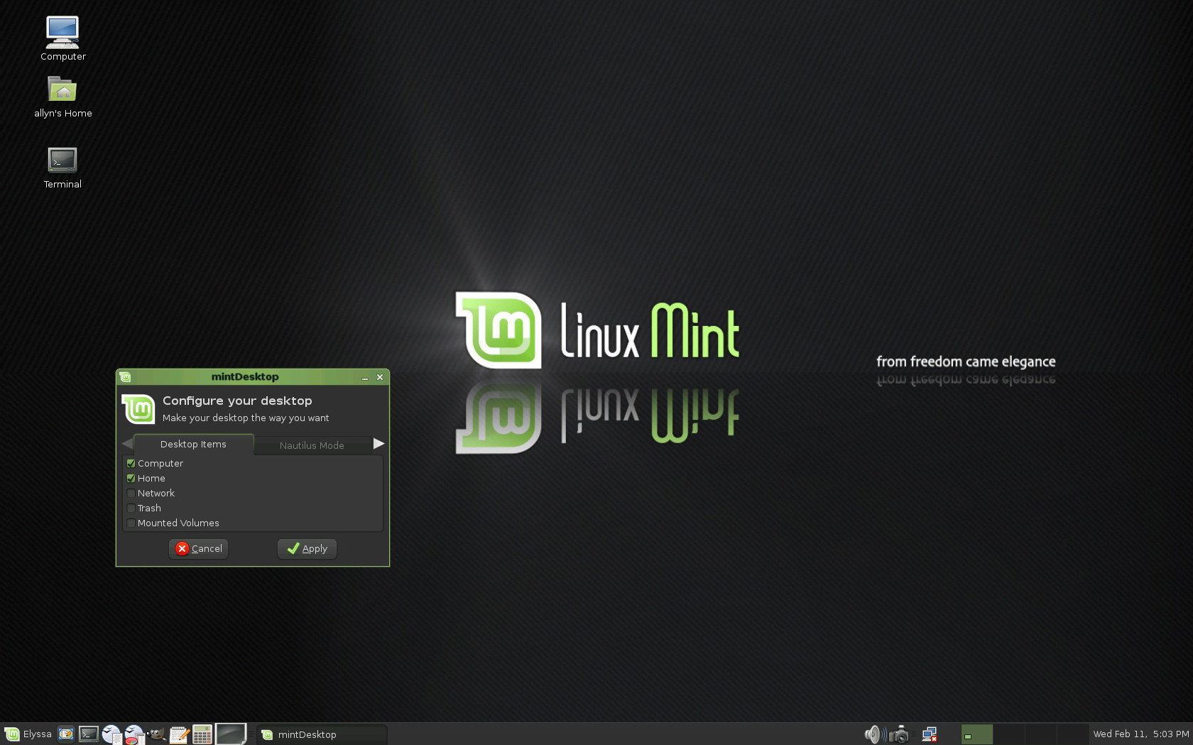 Screenshot of Linux Mint 5, running in a Virtual Machine in 2026, with the mintDesktop application open