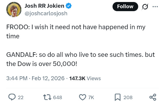 Frodo: I wish is need not have happened in my time.

Gandalf: So do all who live to see such times, but the Dow is over 50,000!