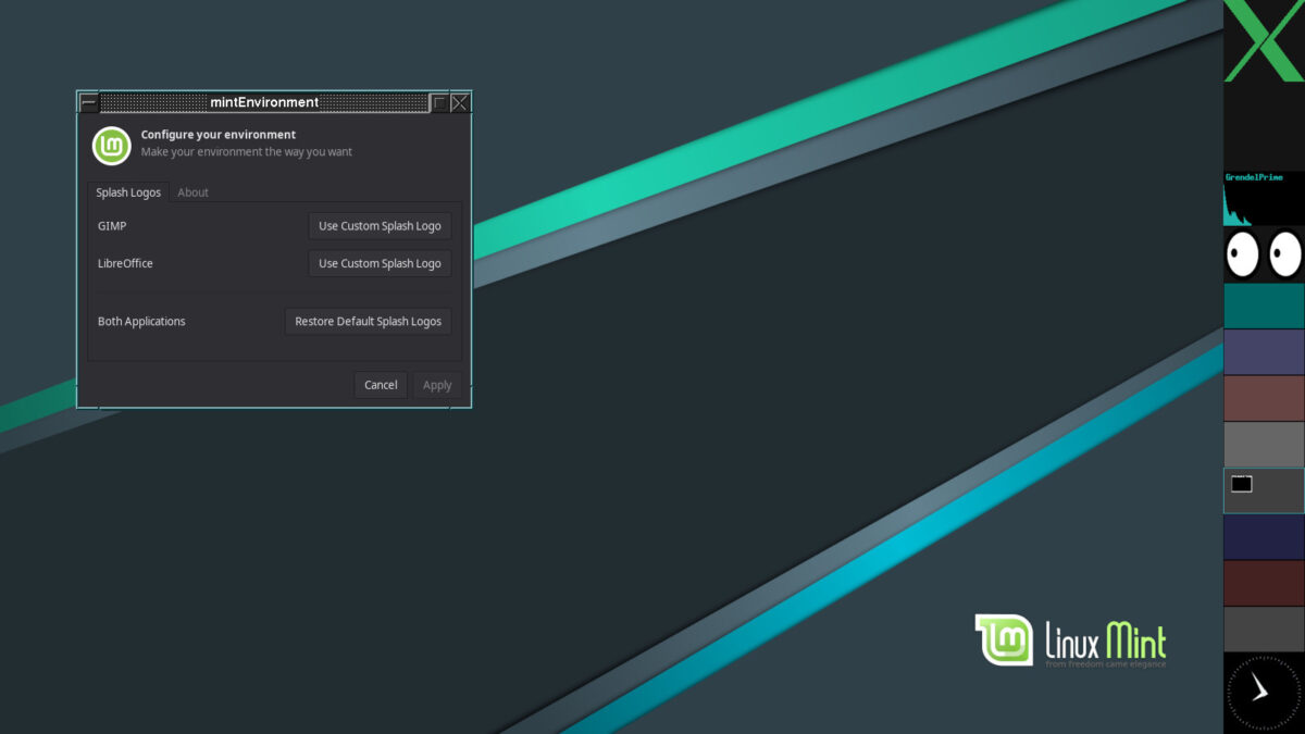 Screenshot showing mintEnvironment running in the CTWM window manager, with only the Splash Logos page of the application showing. No pages for Desktop Icons and Nemo settings.