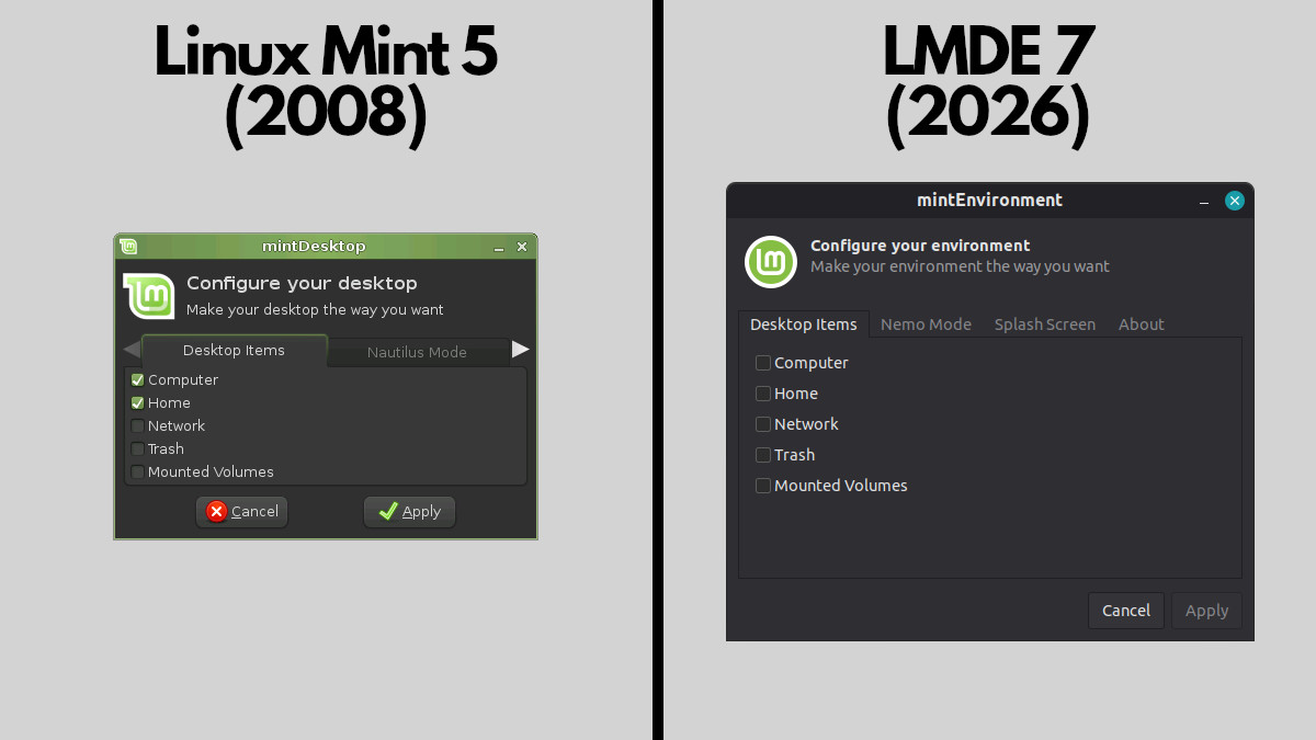 Side-by-side comparison of the original 2008 mintDesktop application and my 2026 rebuilt application, focused on the Desktop Icons panel with checkboxes for Home, Network, Trash, and more