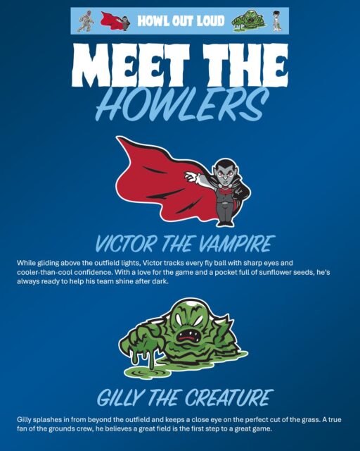 Two alternate mascots for the Hill City Howlers -- Victor the vampire and Gilly the creature from the swamp.