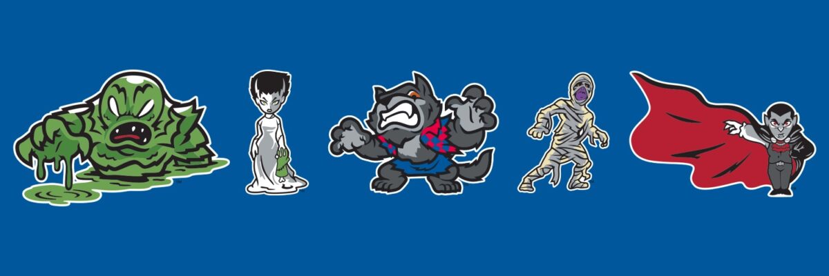 The mascots of the Hill City Howlers -- the Creature, the Bride, the Wolf Man, the Mummy, and the Vampire.