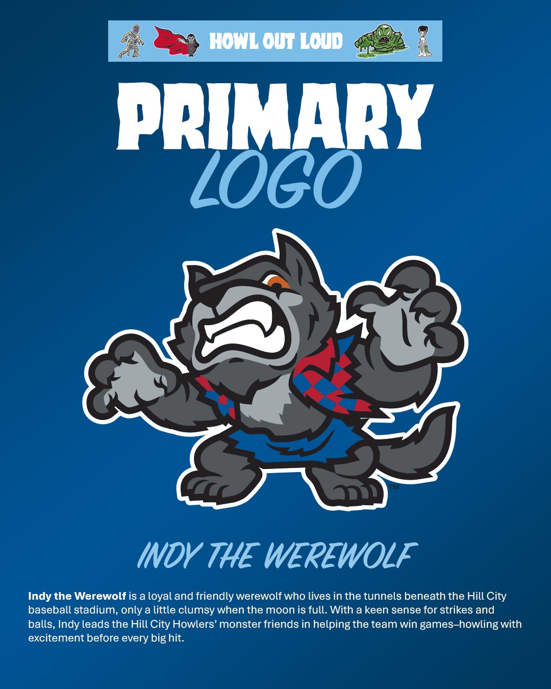 Meet Indy, the werewolf mascot of the Hill City Howlers. A gray werewolf, he wears blue shorts and a tattered red shirt.
