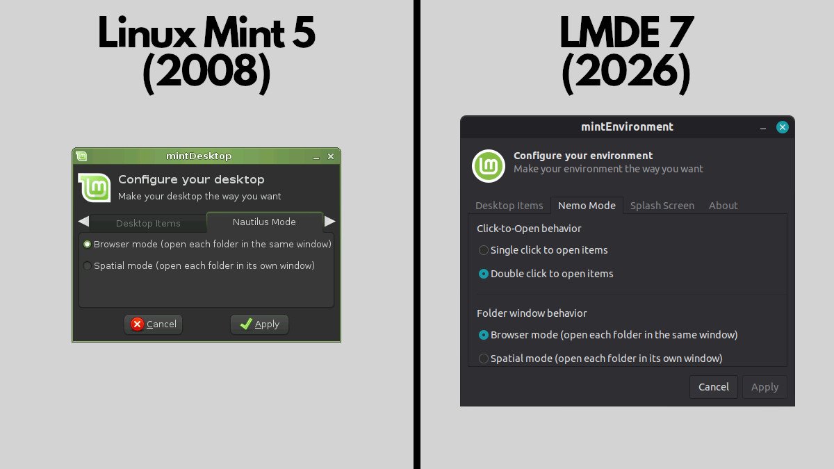 Side-by-side comparison of the original 2008 mintDesktop application and my 2026 rebuilt application, focused on the file manager panel with radio boxes for opening new folders and (new to the 2026 version) single or double-click to open files