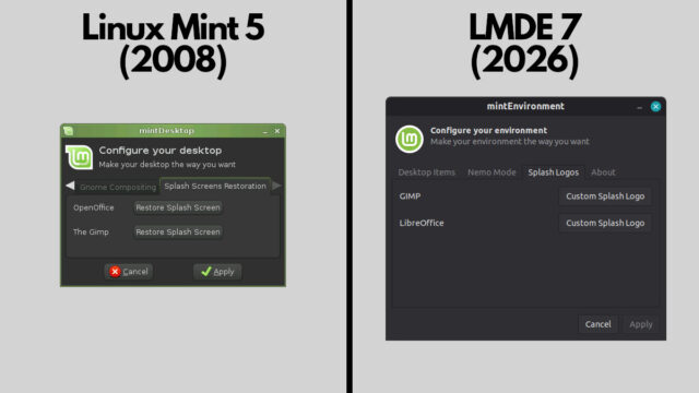 Side-by-side comparison of the original 2008 mintDesktop application and my 2026 rebuilt application, focused on the custom splash logos panel with buttons to select new logos for LibreOffice and GIMP