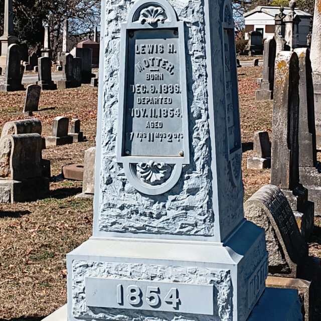The side on the light gray obelisk for Lewis Motter, born in December 1836, died November 1854 a few weeks shy of his 18th-birthday.