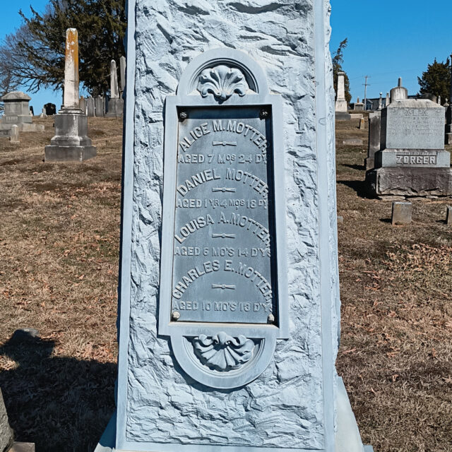 The other Motter children:
Alice, aged 7 months.
Daniel (presumably Junior), aged 1 year 4 months
Louisa, aged 6 months
Charles, aged 10 months.

For reference, the side for Lewis is on the right face. The side for the mother, Catherine (1814-1888) is on the left face, and the side for the father, Daniel Motter (1814-1854) is on the rear face.