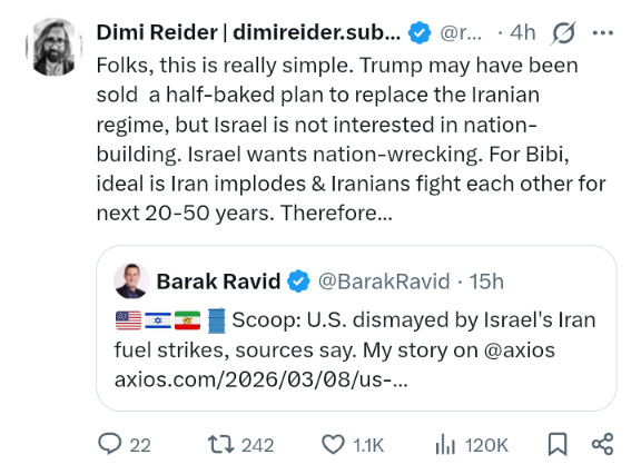 Dimi Reider: Folks, this is real simple. Trump may have been sold a half-baked plan to replace the Iranisn regime, but Israel is not interested in nation-building. Israel wants nation-wrecking. For Bibi, ideal is Iran implodes & Iranians fight each other for next 20-50 years.