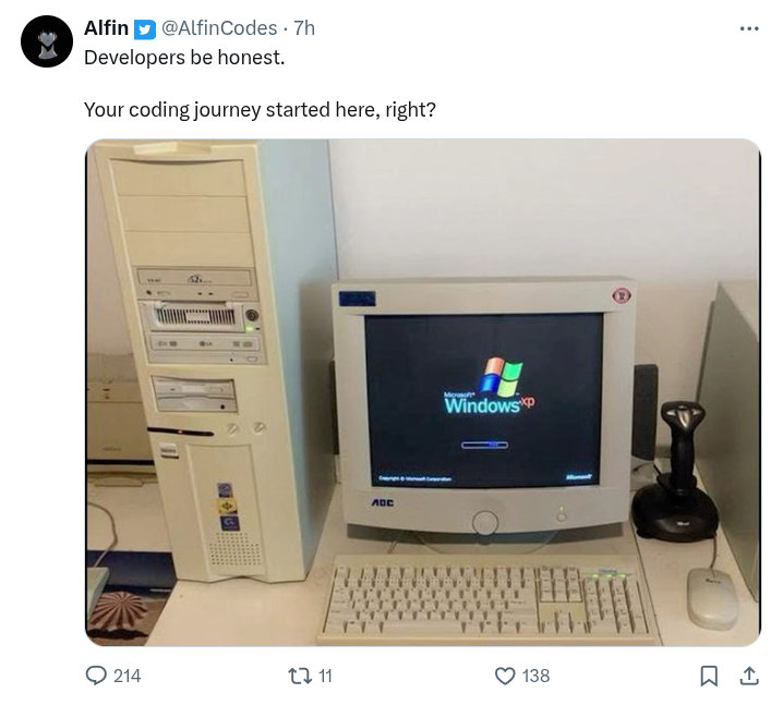 Screenshot of a Tweet by @AlfinCodes. There's an image of a computer tower with multiple drive bays booting up Windows XP. Caption: "Developers be honest. Your coding journey started here, right?"