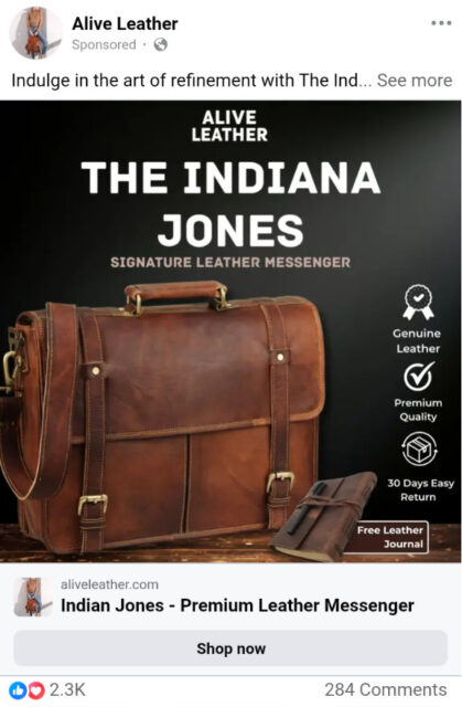 An ad from Alive Leather for an Indiana Jones signature leather messenger bag. It looks really sharp.