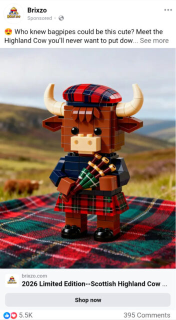 It's an off-brand LEGO highland cow, wearing a kilt and holding bagpipes