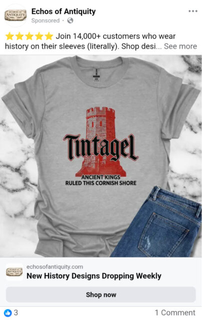 A grey t-shirt with an ancient tower and the word Tintagel emblazoned across it