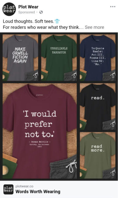 Some literary t-shirts, including Bartleby the Scrivener's catchphrase