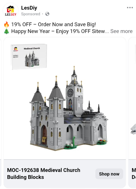 A medieval church with two spires and a clock tower, in off-brand LEGO