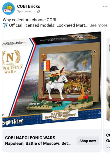 The battle of Borodino, in off-brand LEGO! Napoleon on a horse, a backdrop depicting the battle for the Great Redoubt. Vive le France! Vive l'Empereur!