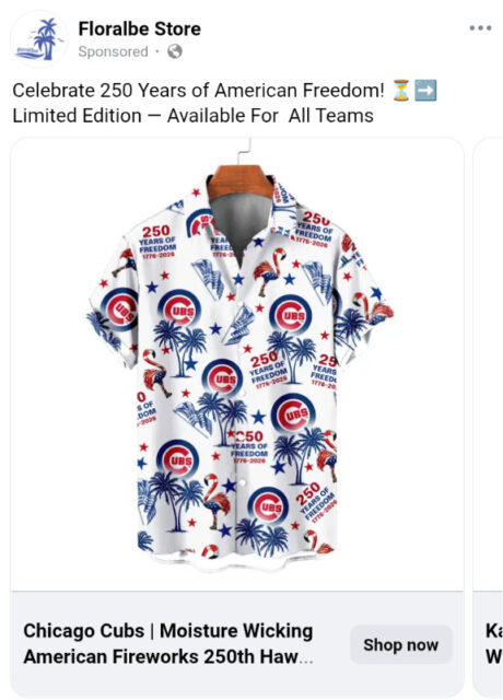 A Chicago Cubs Hawaiian shirt to celebrate America 250. It says it features "fireworks" by those are flamingos and palm trees. Fail.