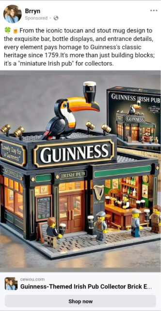 A Facebook ad from Brryn, showing a LEGO-like set of a Guinness pub, complete with minifigs holding pints and wearing flatcaps.