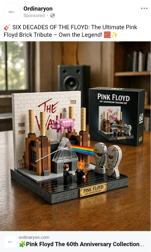 A Pink Floyd LEGO set, recreating the covers to The Division Bell, Dark Side of the Moon, The Wall, Wish You Were Here, and Animals, complete with the Battersea Power Station