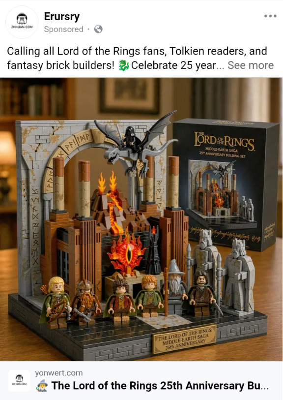 An ad for an off-brand LEGO set on Facebook. Minifigs of the Fellowship, the Argonath, the Eye of Sauron, the Moria gate, and... Battersea Power Station?!?