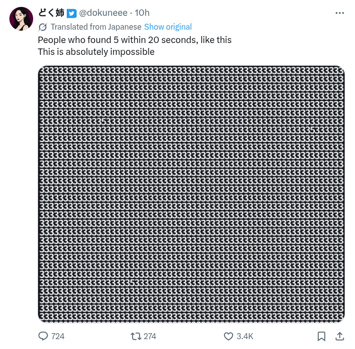 As described, a screenshot of a Twitter post, with a giant field of white 3s on a black background, and somewhere there's a 5. It feels a little weird to look at, because the 3s are so close together the brain has trouble processing them.