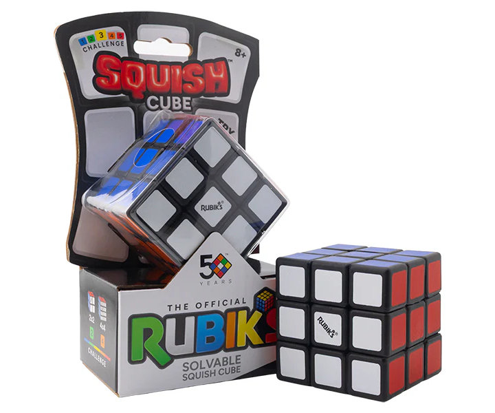 A Rubik's Squish Cube and packaging
