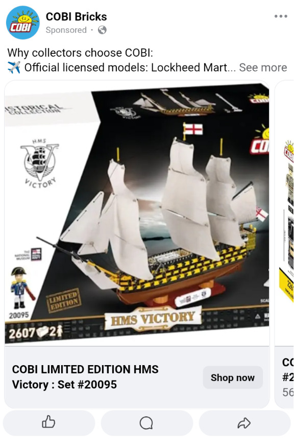 LEGO-like set of HMS Victory with a minifig of Admiral Lord Horatio Nelson