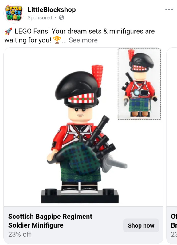 A LEGO Scottish regiment bagpiper