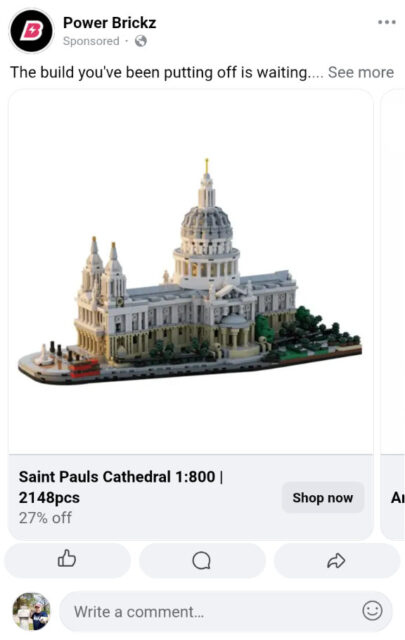 Screenshot of a Facebook ad for a LEGO-like building set of London's St. Paul's Cathedral