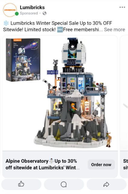 Screenshot of an ad on Facebook, showing a LEGO-esque astronomical observatory on a monntaintop