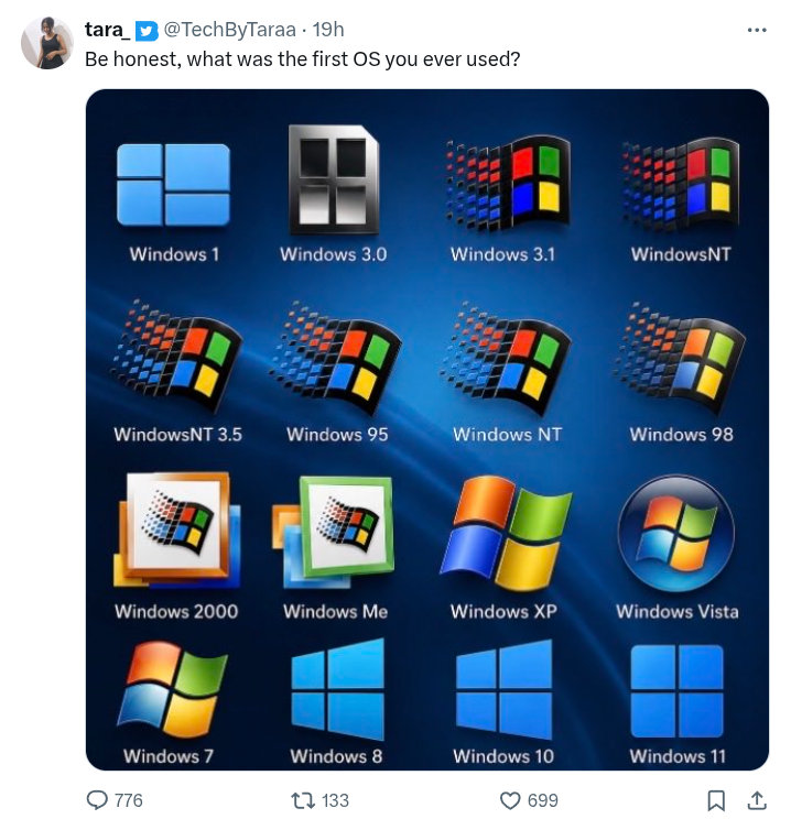 Screenshot of a Tweet asking, "Be honest, which was the first OS you used?" Options are shown via official logos for Windows 1.0, 3.0, 3.1, NT, NT 3.5, 95, NT, 98, 2000,Me, XP, Vista, 7, 8, 10, and 11.