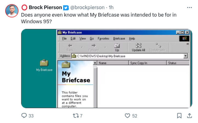 A screenshot of Windows 95, showing the My Briefcase folder.