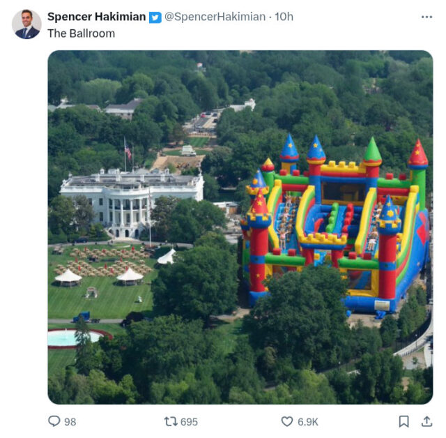 An aerial photo of the White House, showing a ginormous, multicolored, bouncy castle situared where the illegally demolished East Wing stood as late as last year.