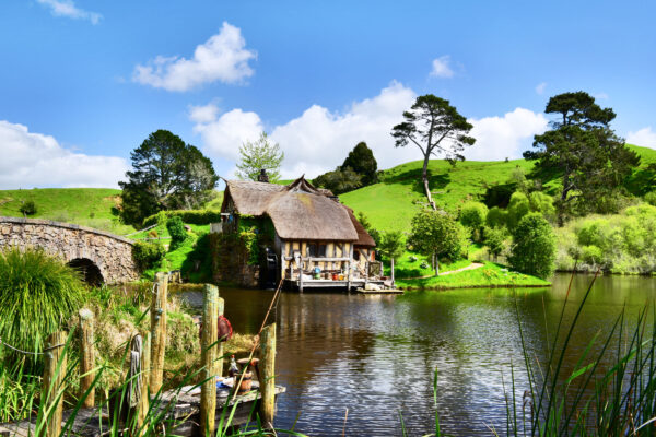 The Shire set in New Zealand, taken by Dodd Lu in 2017, showing the famous bridge and the mill