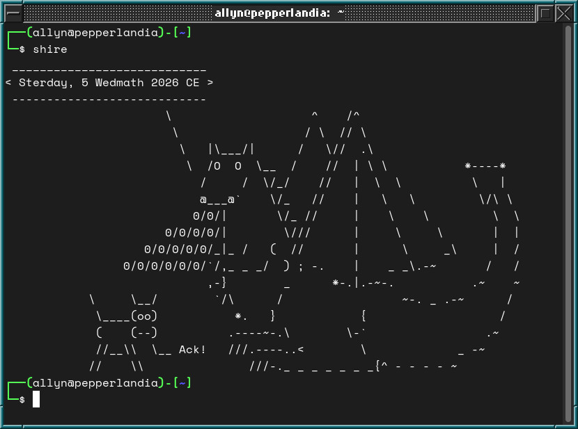 An ASCII dragon in the Linux terminal is telling me that the day is the 5th of Wedmath while breathing fire on an alarmed ASCII cow