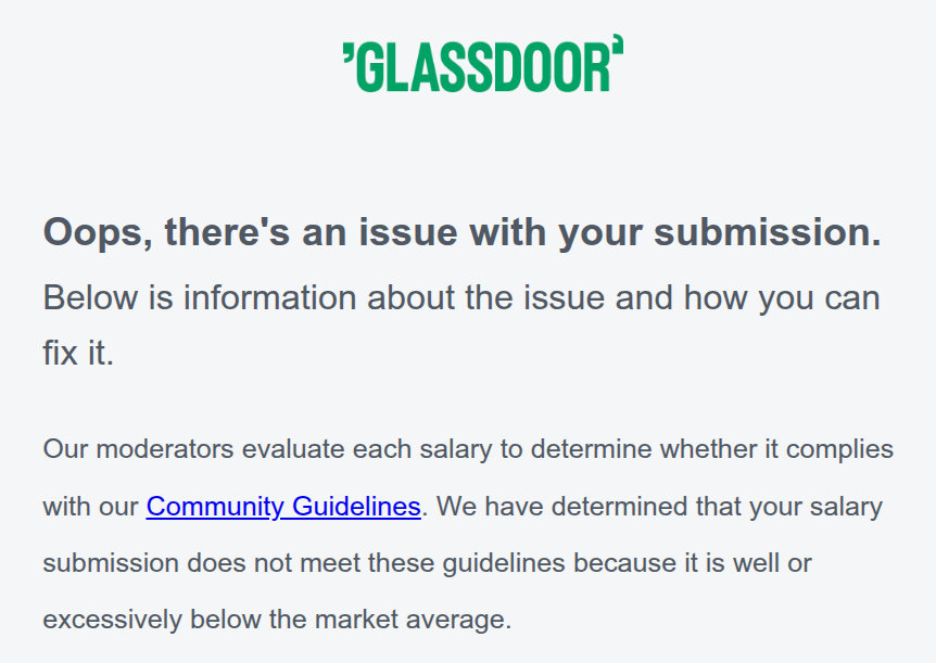 Screenshot of an email from Glassdoor telling me that my salary submission was rejected because "it is well or excessively below the market average."