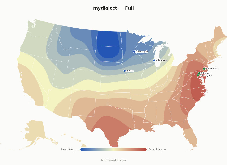 The more accurate map, with a few differences. The deep red stretches from the Mason-Dixon Line to the border between the two Carolinas and west to the Shenandoah Valley. Out west, instead of New Mexico, I'm deeper red in south Texas, another place I have never been.