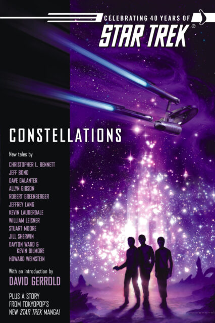 Cover of Pocket Books' Star Trek: Constellations, showing Kirk, Spock, and McCoy beaming down to a planet with the Enterprise above
