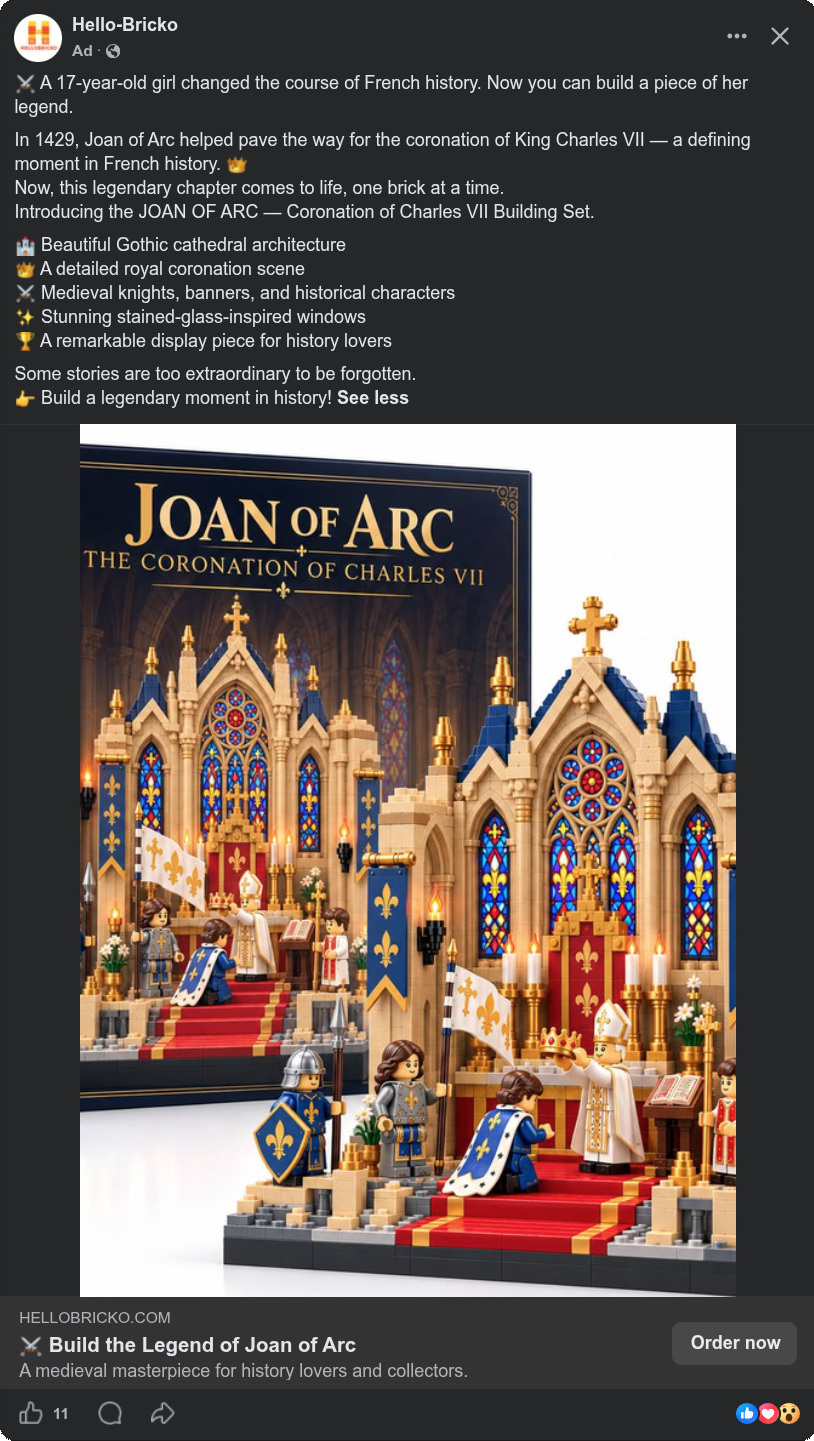 Facebook ad for a LEGO-ish set showing the coronation of France's King Charles VII in a gothic church as Joan of Arc looks on